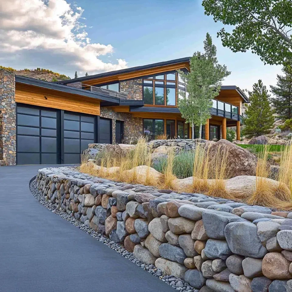 Stone edging and transition detail in a landscaped garden